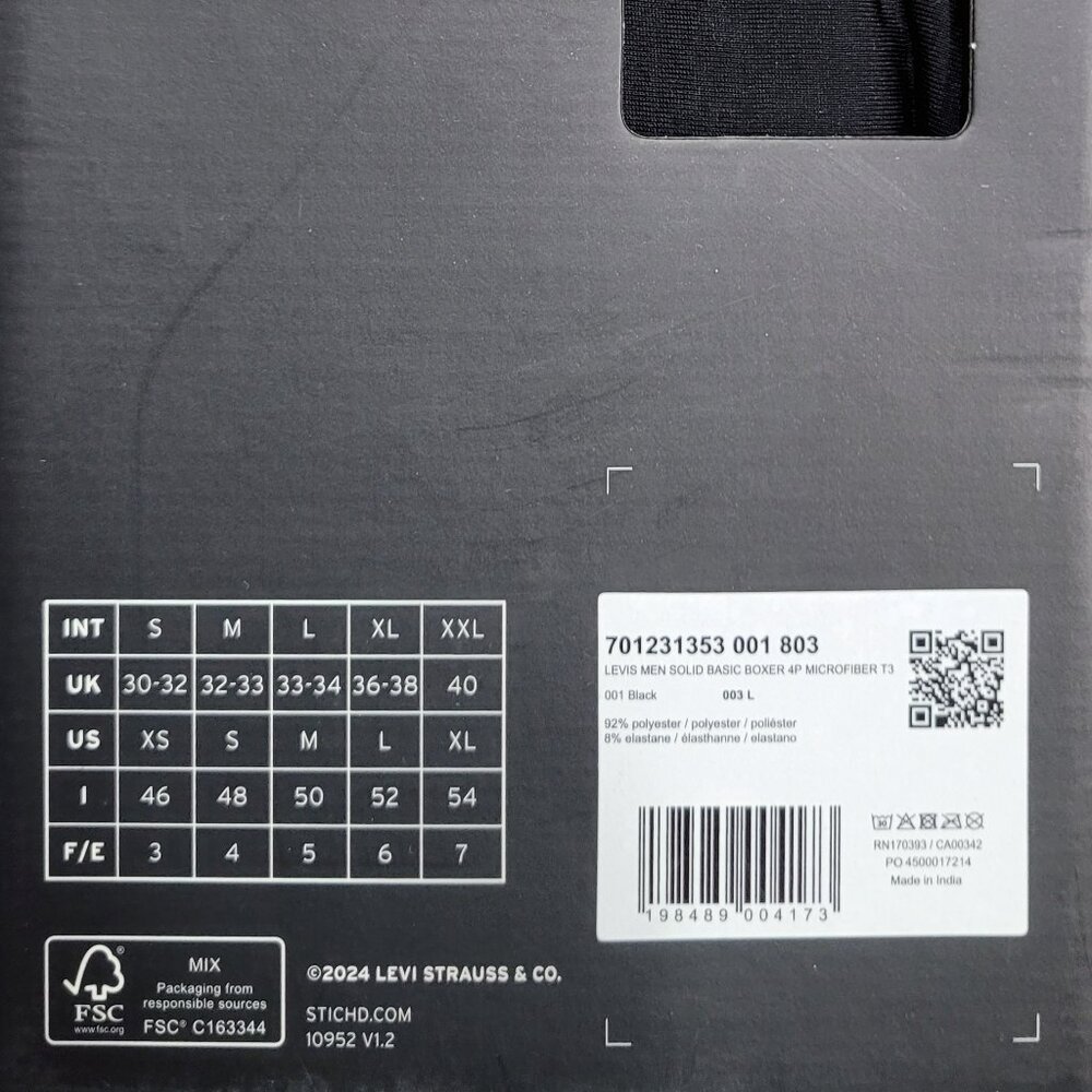 LEVI'S 4 PACK BOXER BRIEFS COMPORT MICROFIBER - BLACK - Picture 3 of 4